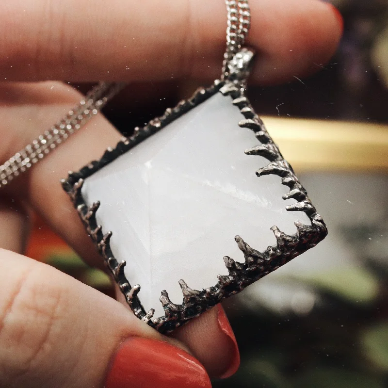 Women's silver necklaces-Sacred Selenite Icicle Crystal Pyramid Necklace #06