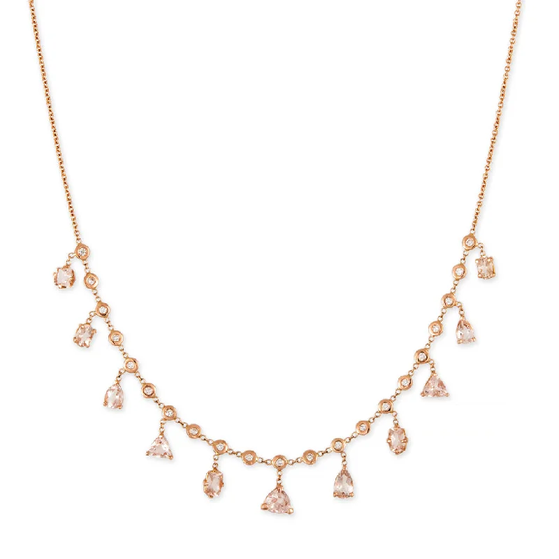 Women's gold necklaces-MULTI SHAPE MORGANITE + DIAMOND SHAKER NECKLACE