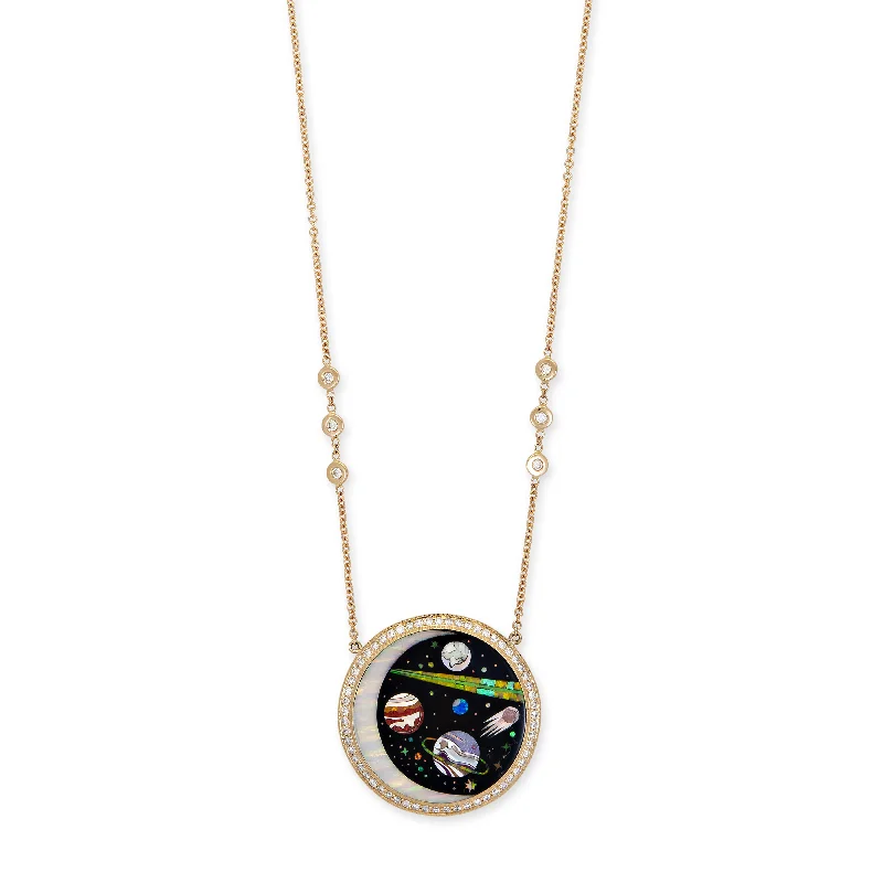 Women's eco-friendly necklaces-PAVE ROUND ONYX + OPAL CRESCENT GALAXY PLANET INLAY NECKLACE