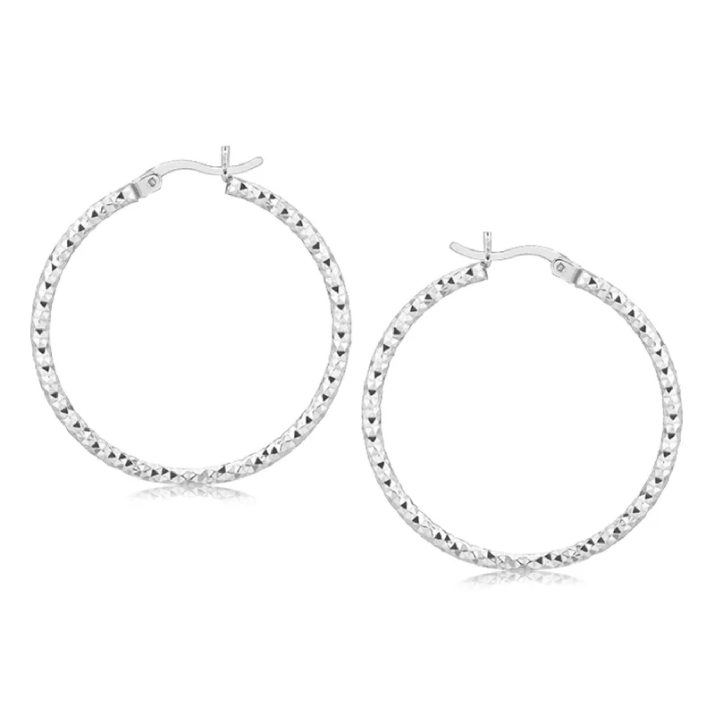 Women's K gold earrings-Sterling Silver Rhodium Plated Woven Style Polished Hoop Earrings(2x30mm)