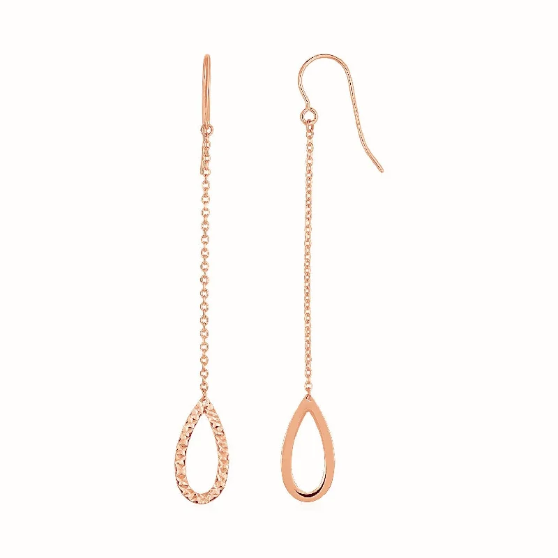 Women's silver-plated earrings-Textured Pear Shaped Long Drop Earrings in 14k Rose Gold