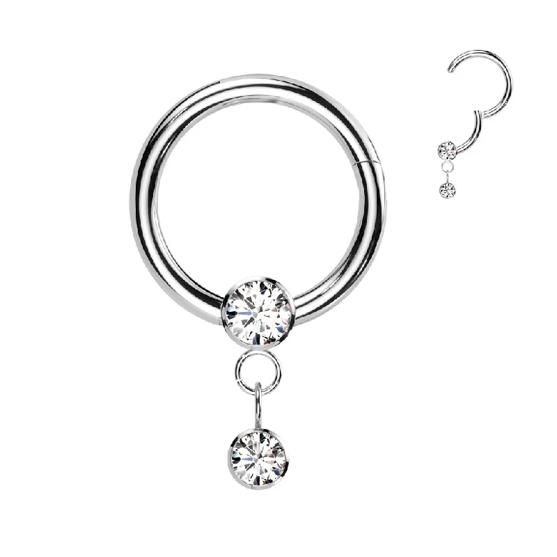 Women's travel rings-Titanium High Polish Jewelled Hinged Segment Hoop Ring with Dangle - TI-192