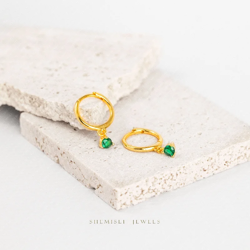 Women's vintage-inspired earrings-Emerald CZ Drop Hoop Earrings, Huggies, Unisex, Gold, Silver SHEMISLI SH338