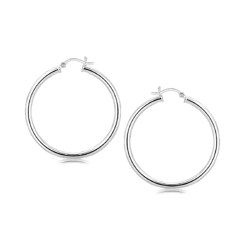 Women's vintage-inspired earrings-Sterling Silver Rhodium Plated Large Polished Classic Hoop Earrings (3x40mm)