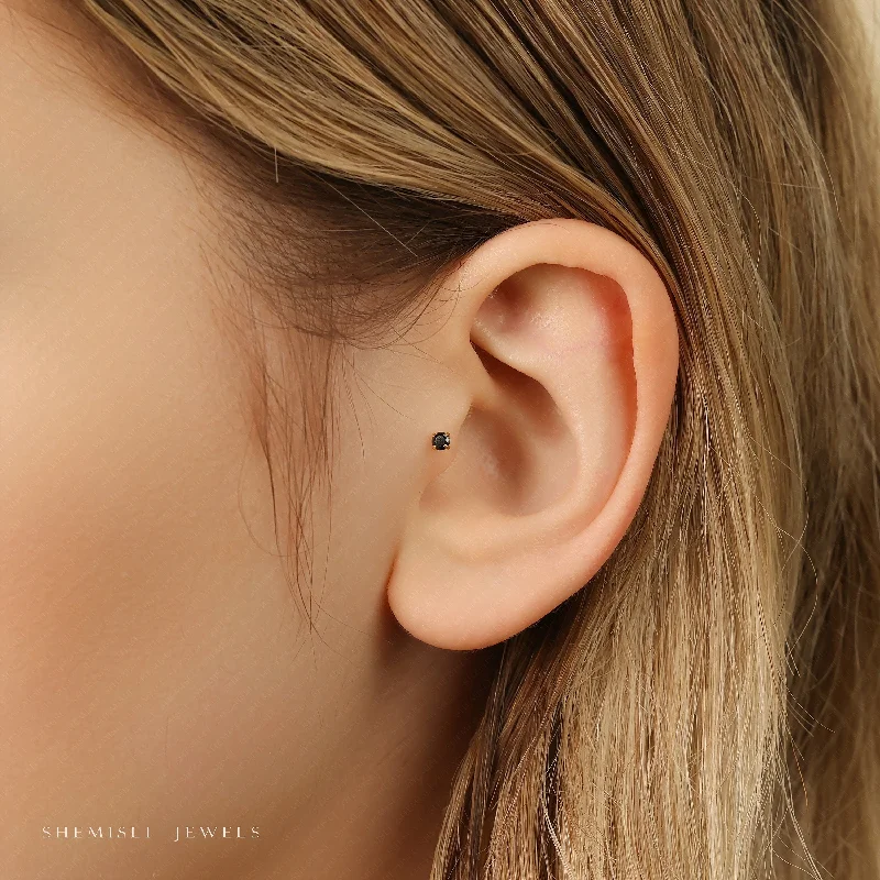 Women's lightweight earrings-Tiny Black Stone Threadless Flat Back Tragus Stud, 20,18,16ga, 5-10mm, Unisex, Surgical Steel, SHEMISLI SS521