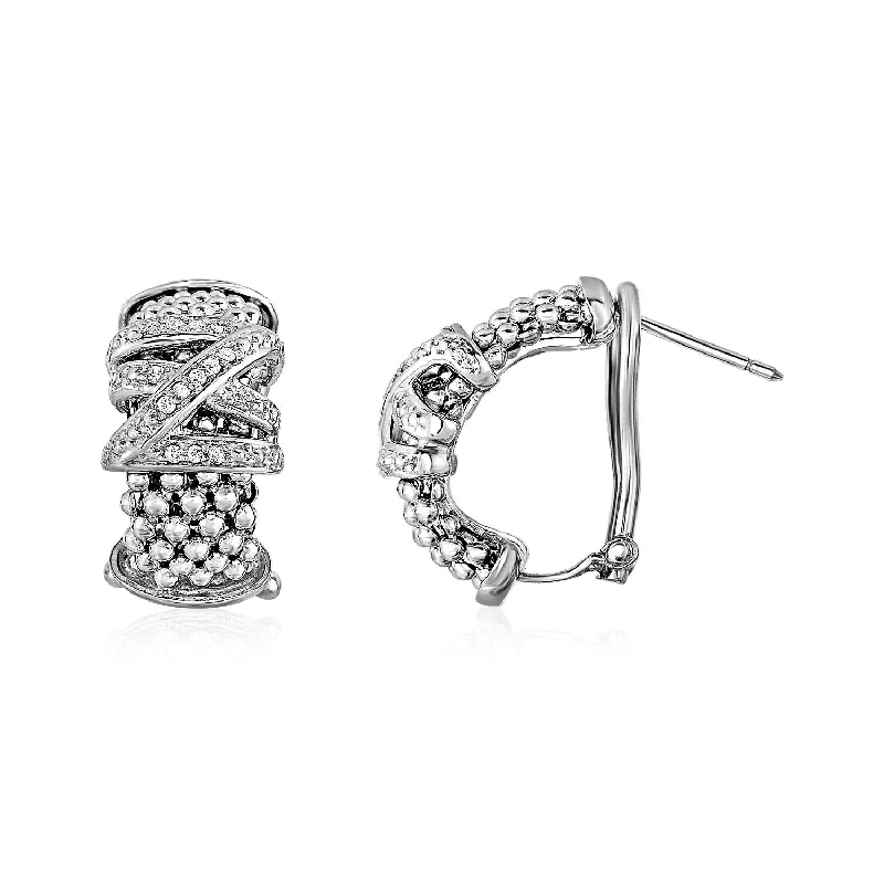 Women's unique earrings-Popcorn Texture Earrings with Crossover Motif and Diamonds in Sterling Silver