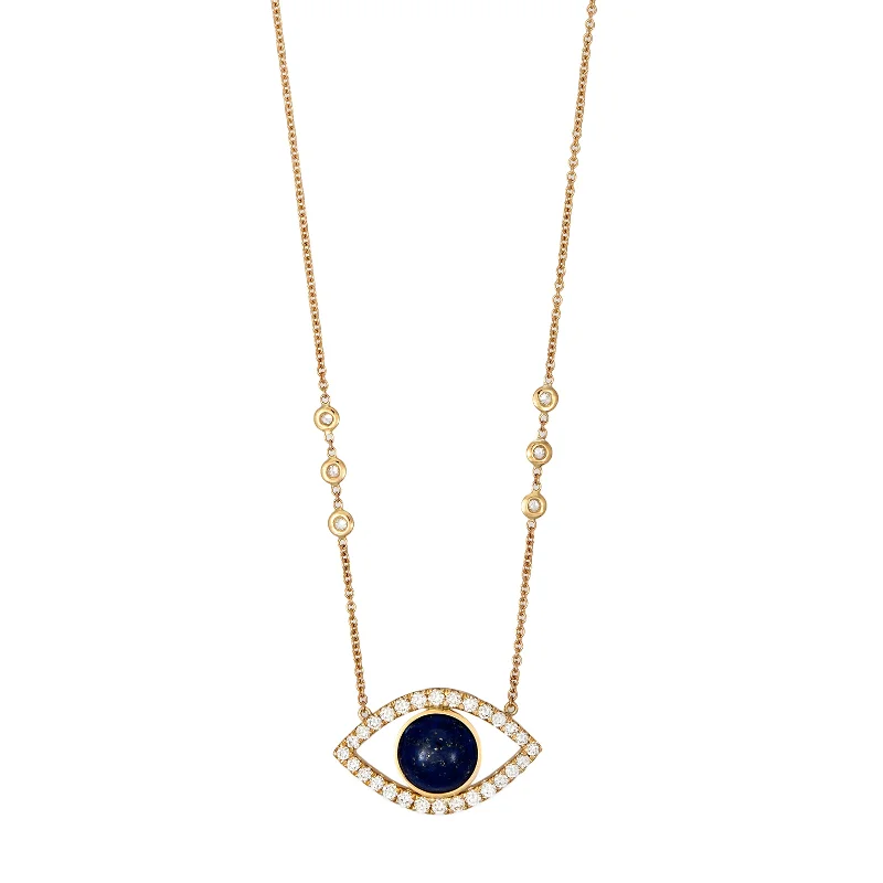 Women's star necklaces-LARGE PAVE LAPIS CENTER OPEN EYE DIAMOND NECKLACE