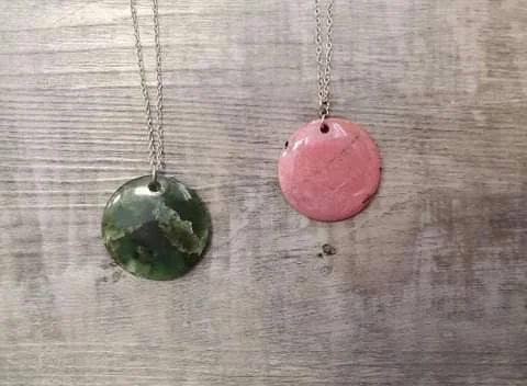 Women's stainless steel necklaces-Jade and Rhodonite Circle Necklaces- made in Jade City