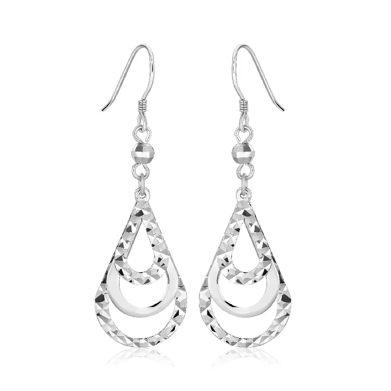 Women's clip-on earrings-Sterling Silver Textured Graduated Open Teardrop Dangling Style Earrings