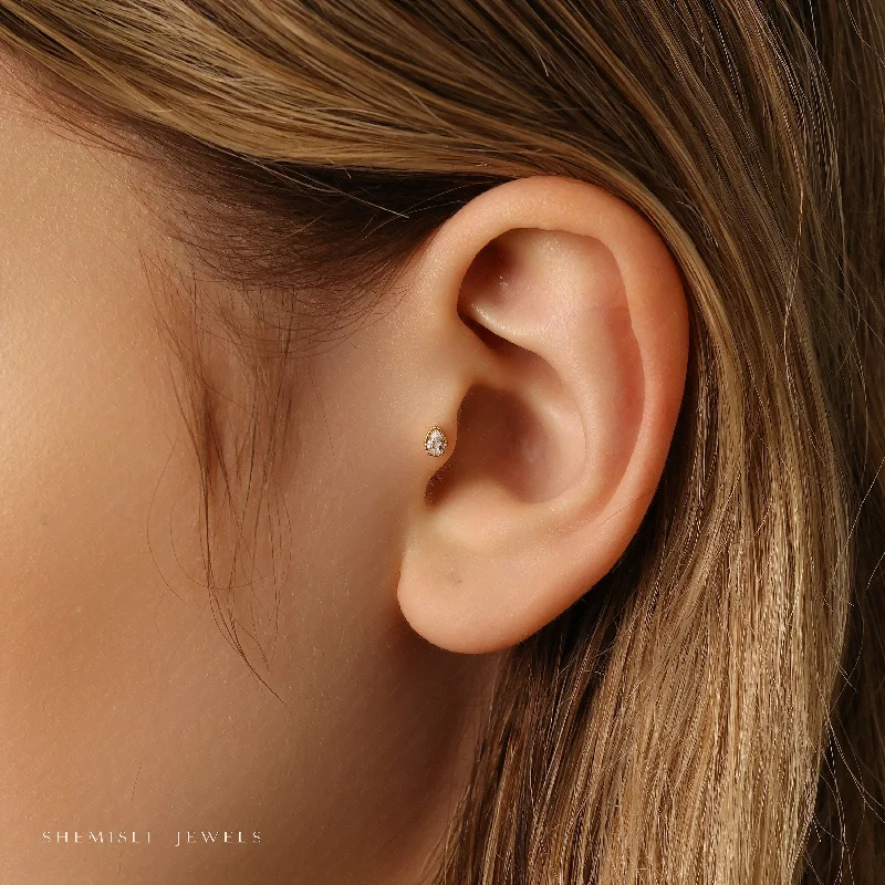 Women's symbolic earrings-Tiny Teardrop White Stone Threadless Flat Back Tragus Stud, 20,18,16ga, 5-10mm Unisex, Surgical Steel SHEMISLI SS594