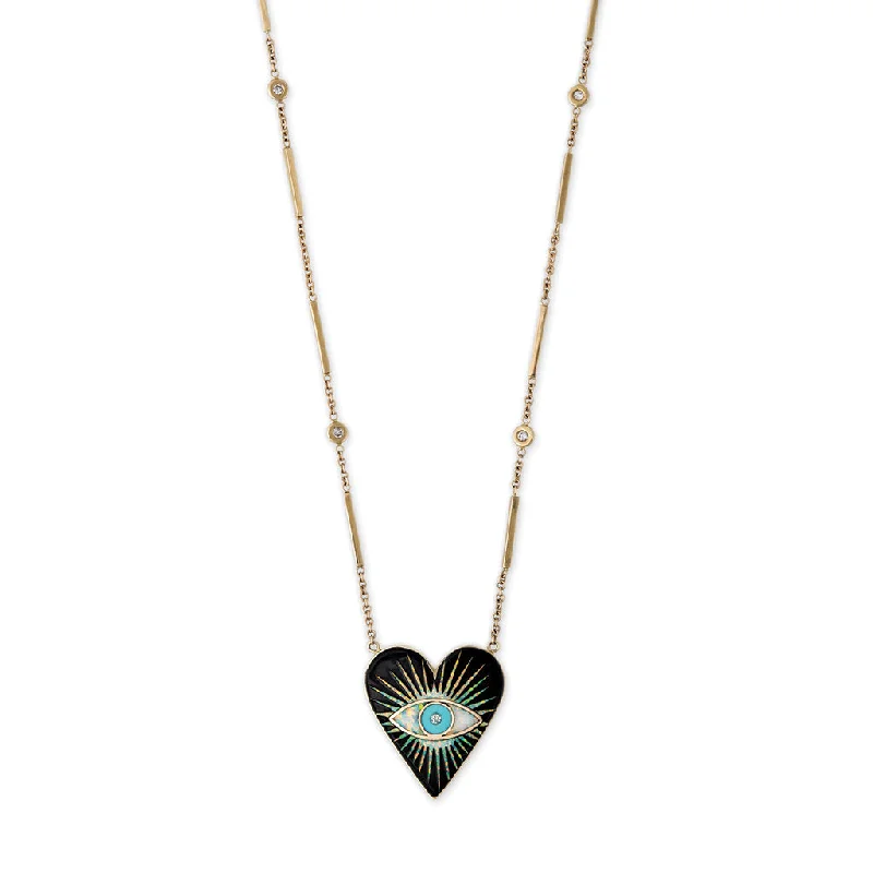 Women's art deco necklaces-SMALL ONYX OPAL TURQUOISE INLAY EYE BURST HEART NECKLACE