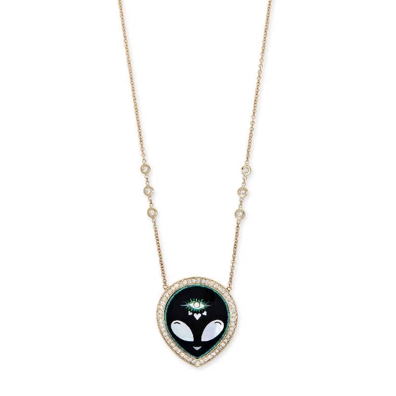 Women's couple necklaces-PAVE ONYX + PEARL ALIEN HEART EYE INLAY NECKLACE