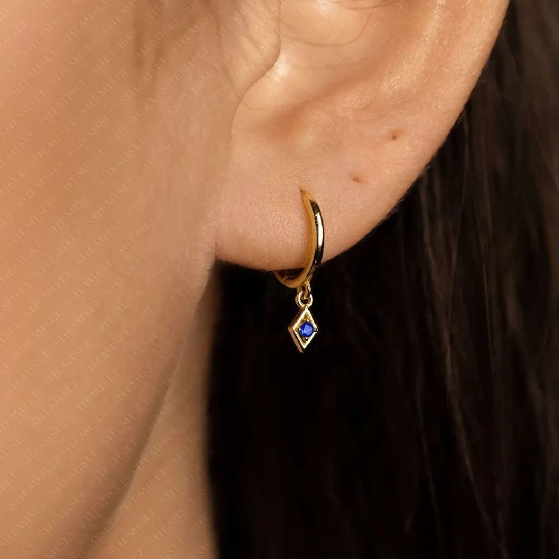 Women's waterproof earrings-Sapphire Diamond Shape Drop Dangle Hoop Earrings, Huggies, Unisex, Gold, Silver SH272