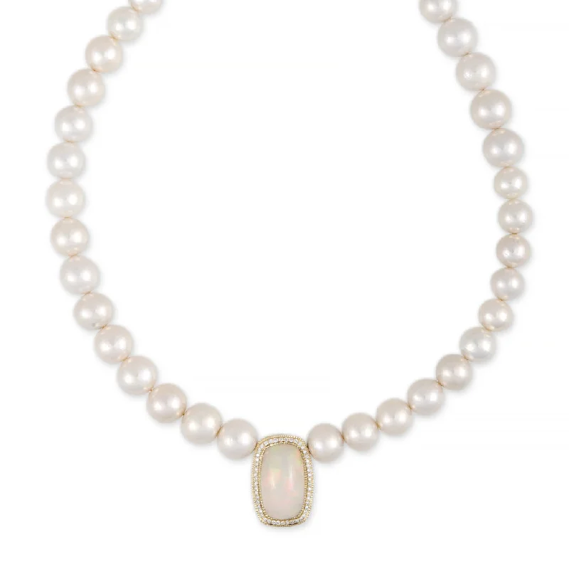 Custom women's necklaces-PAVE OPAL ROUNDED RECTANGLE CENTER FRESHWATER PEARL BEADED NECKLACE