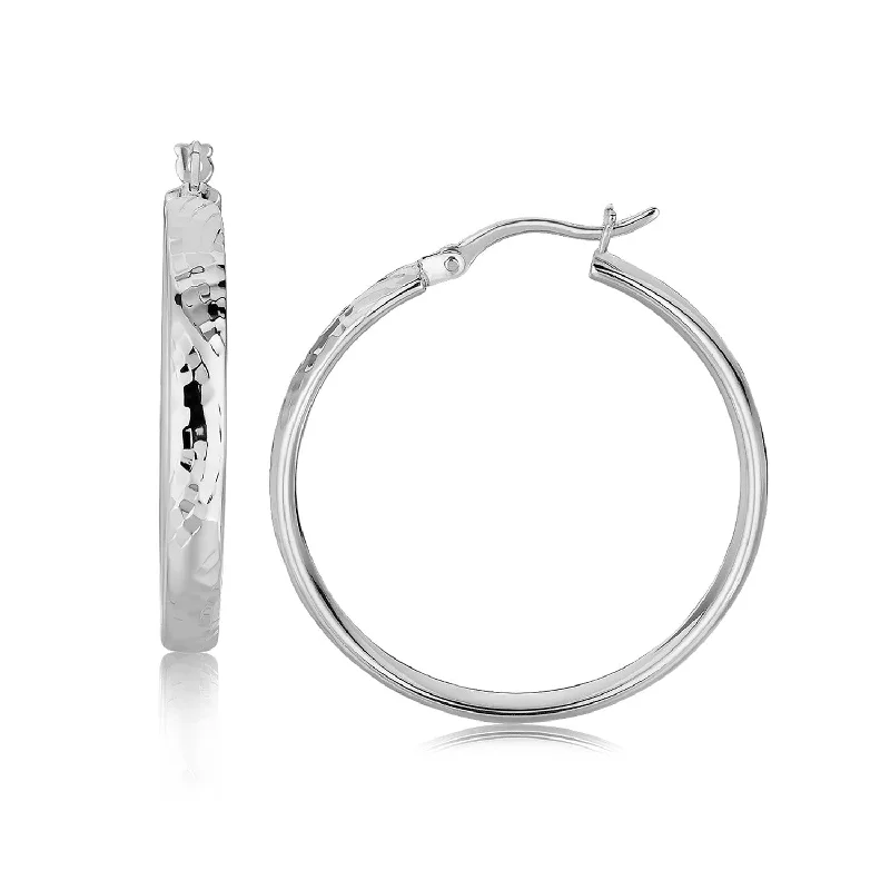 Women's handmade artisan earrings-Sterling Silver Hammered Style Hoop Earrings with Rhodium Plating (4x30mm)