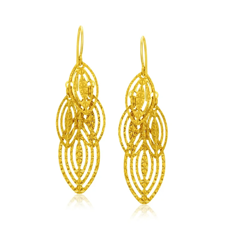 Women's friendship earrings-14k Yellow Gold Textured Cascading Cut Out Marquise Earrings