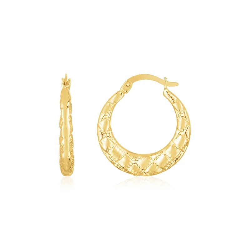 Women's hypoallergenic earrings-14K Yellow Gold Puffed Checkerboard Hoops