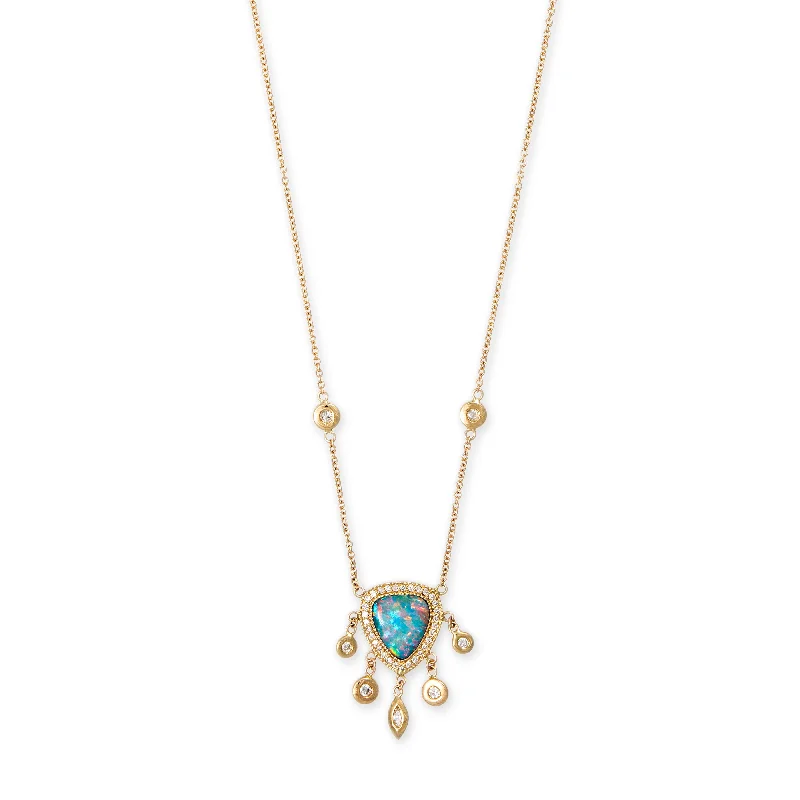 Women's pet memorial necklaces-SMALL PAVE OPAL FREEFORM + MARQUISE AND ROUND DIAMOND SHAKER NECKLACE