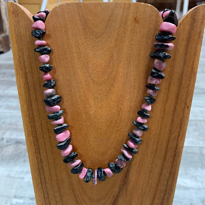 Women's evil eye necklaces-Rhodonite and black jade irregular necklace