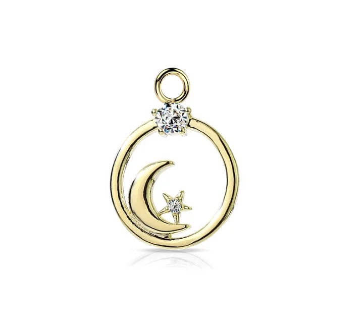 Women's photo rings-Gold Moon and Star Jewelled Dangle Charm for Hinged Ring - CHARM26A