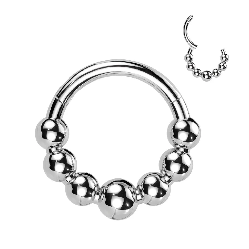 Women's pet memorial rings-Titanium High Polish Hinged Segment Hoop Ring with 7 Beaded Balls - TI-187