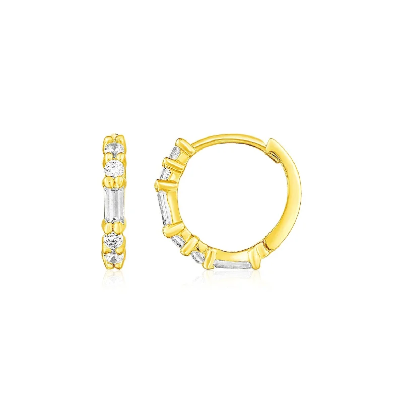 Women's healing crystal earrings-14k Yellow Gold Petite Hoop Earrings with Baguette Cubic Zirconias