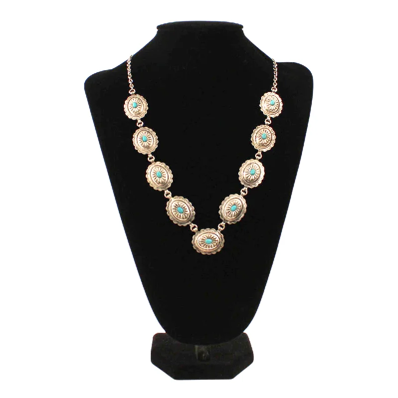 Women's stainless steel necklaces-Silver With Turquoise Stone Concho Necklace