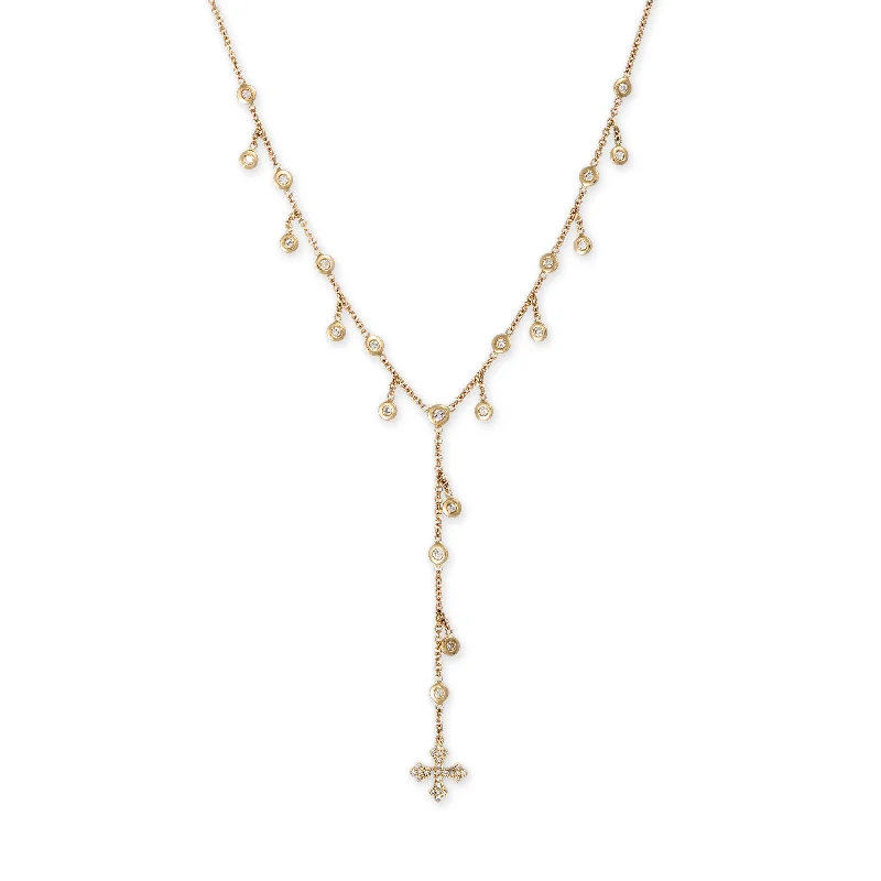 Women's short necklaces-PAVE SQUARE CROSS BOTTOM + SHAKER DIAMOND Y NECKLACE