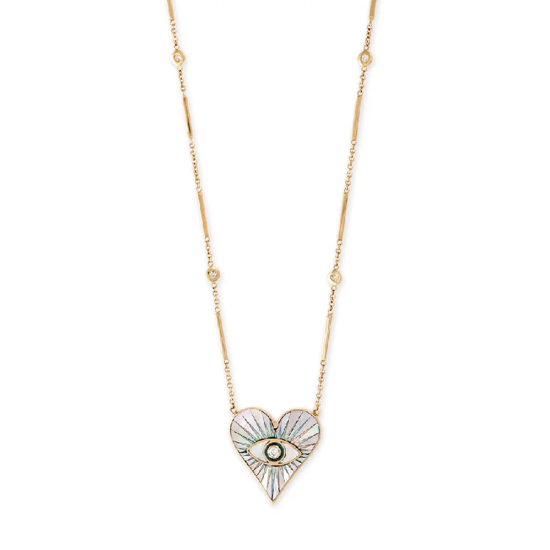 Women's celestial necklaces-SMALL PEARL OPAL TURQUOISE INLAY EYE BURST HEART NECKLACE