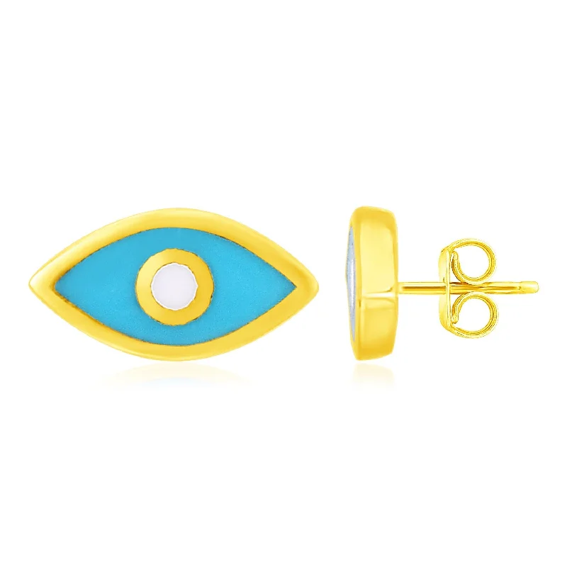 Women's diamond earrings-14K Yellow Gold Blue Evil Eye Earrings with Enamel