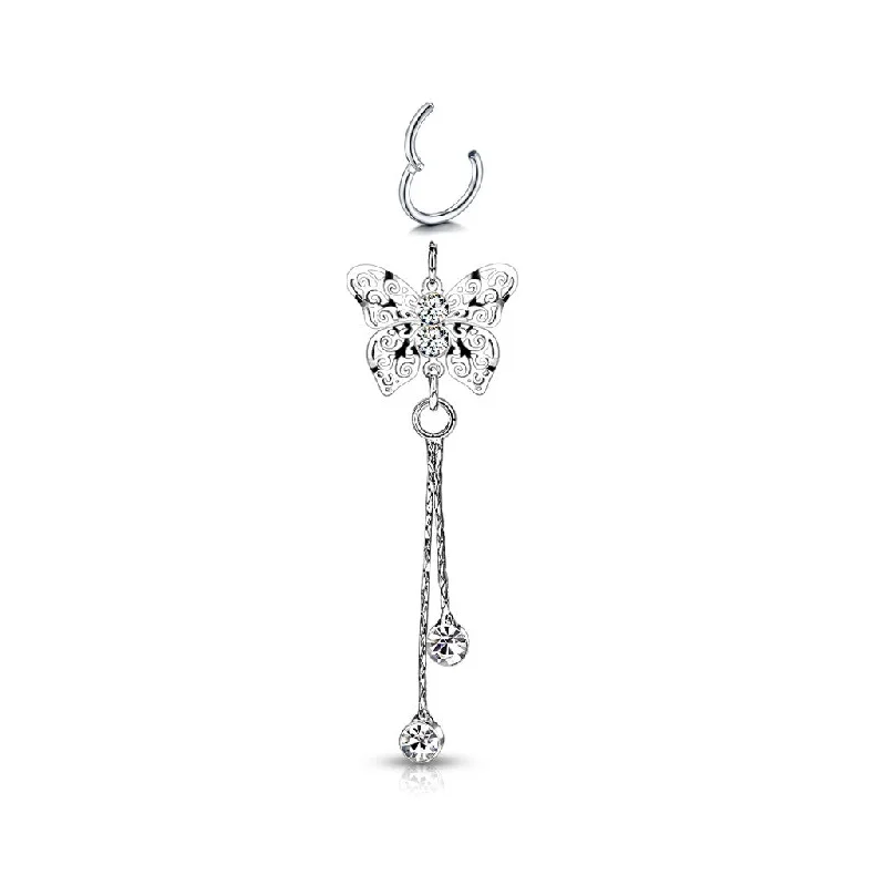 Women's wedding rings-SS316L Jewelled Royal Butterfly Dangle Charm with 20 Gauge Hinged Ring - CHARM27