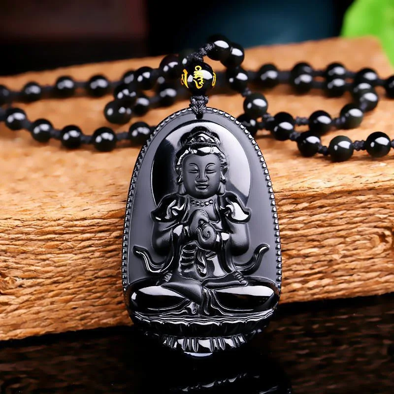 Women's mother-daughter necklaces-Natural Obsidian Hand Carved Buddha Amulet Pendant Necklace