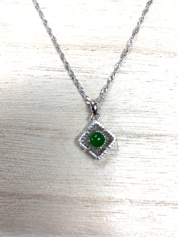 Trendy women's necklaces-Jade "Diamond" Shaped Sterling Silver Necklace