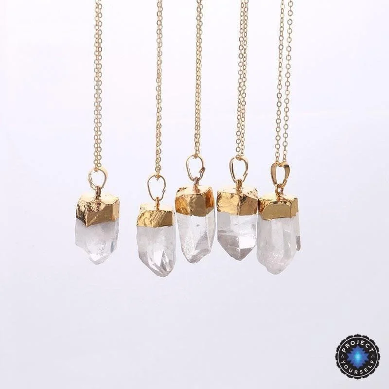 Women's moon phase necklaces-18K Gold Dipped Raw Clear Crystal Quartz Pendant Necklace