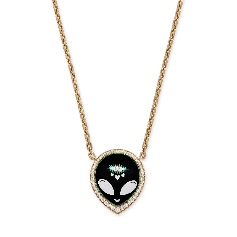 Women's gemstone necklaces-LARGE GRADUATED PAVE ONYX + PEARL ALIEN HEART EYE INLAY MOE CHAIN NECKLACE