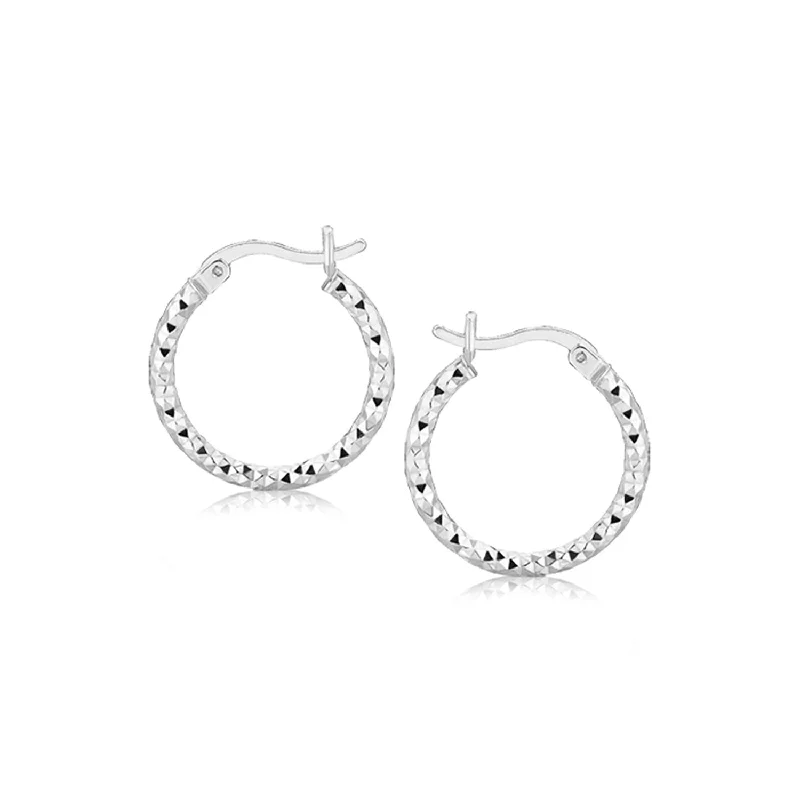 Women's pet memorial earrings-Sterling Silver Faceted Design Hoop Earrings with Rhodium Plating(2x15mm)