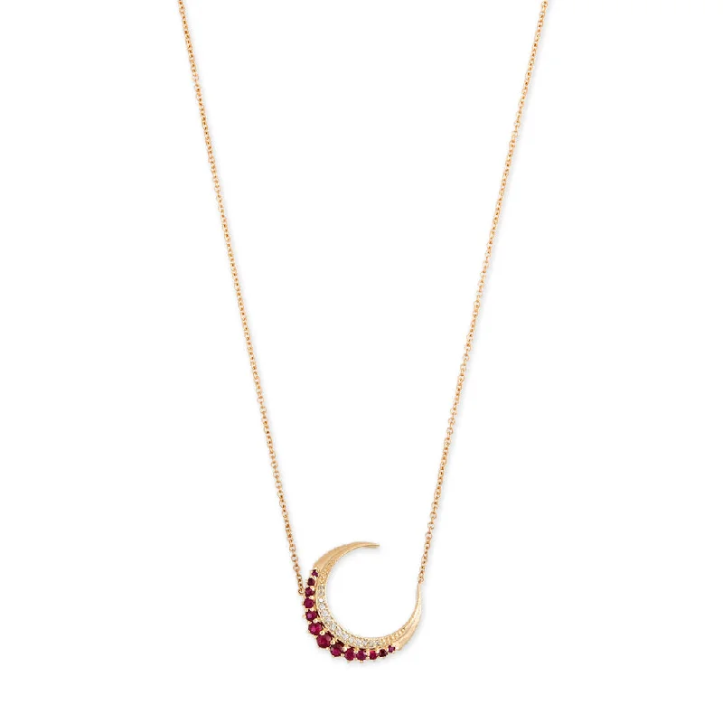 Handmade women's necklaces-MINI RUBY CRESCENT MOON NECKLACE