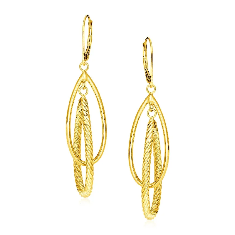 Women's limited edition earrings-14k Yellow Gold Earrings with Shiny and Textured Teardrop Dangles