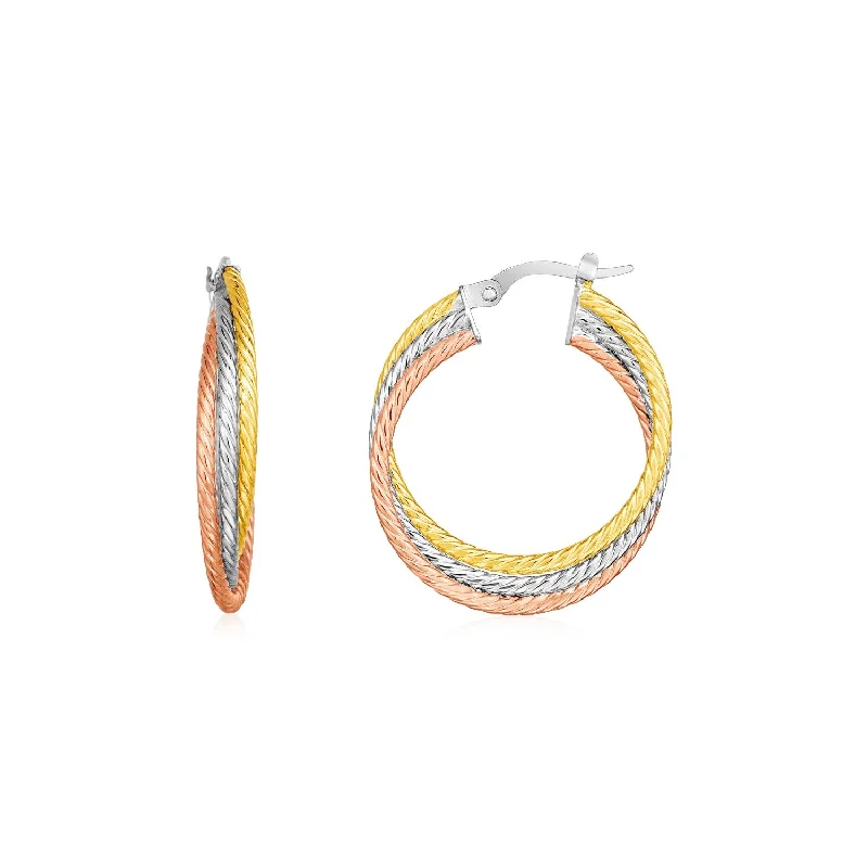 Women's diamond earrings-14k Tri Color Gold Three Part Round Hoop Earrings(4.5x26mm)