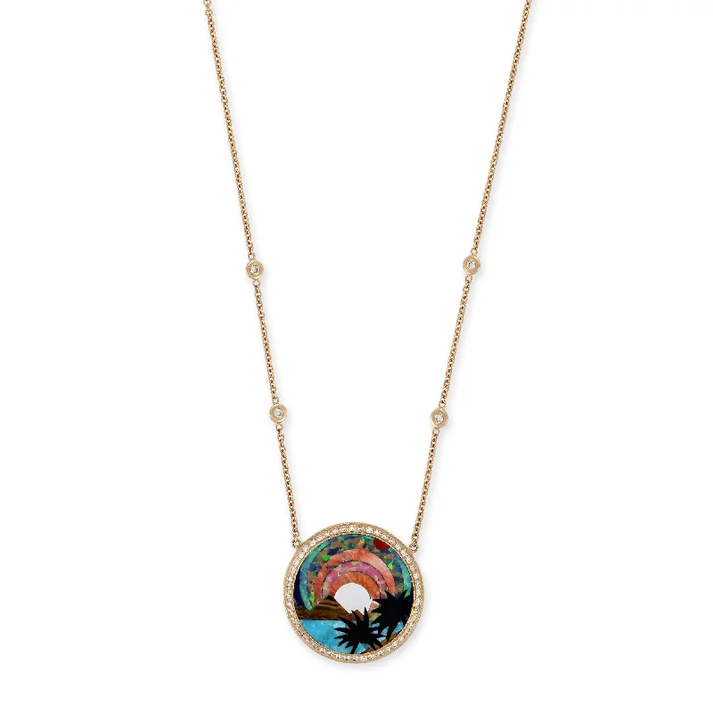 Women's sun necklaces-SMALL PAVE DIAMOND TROPICAL SCENIC INLAY NECKLACE