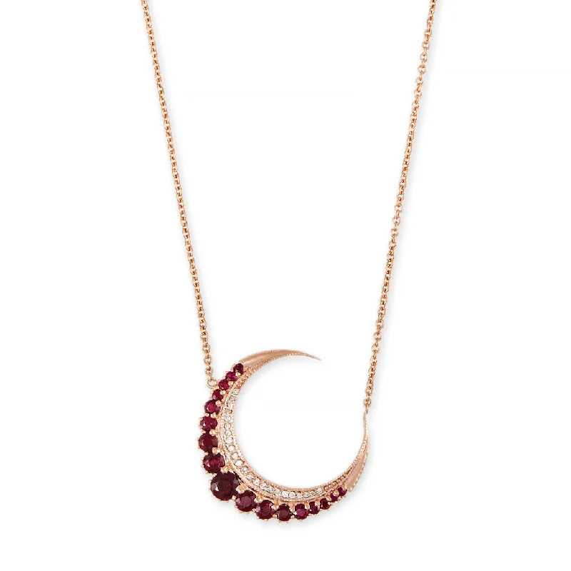 Women's pendant necklaces-LARGE RUBY CRESCENT MOON NECKLACE