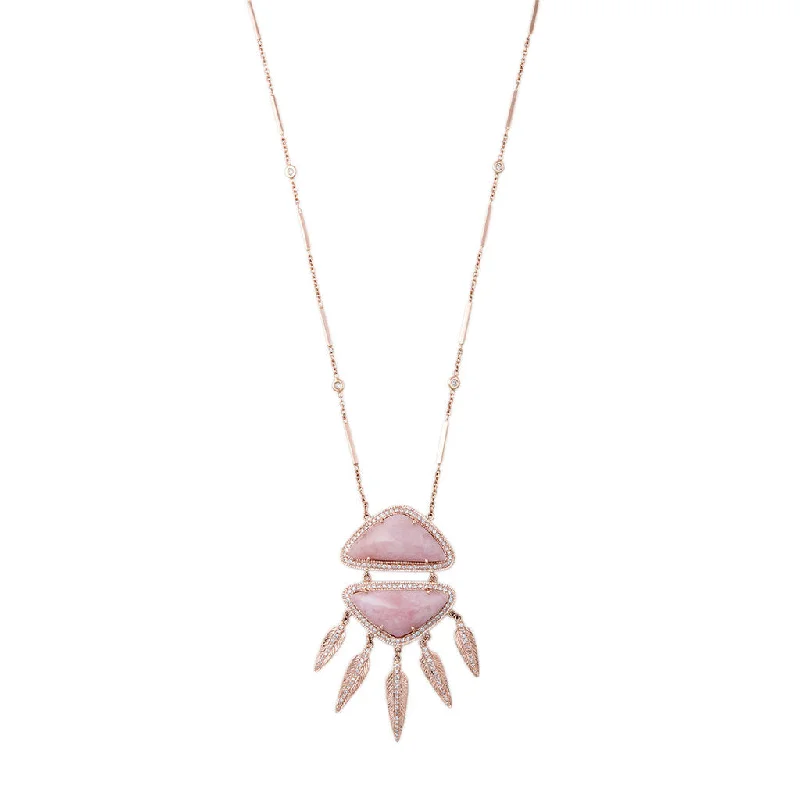 Women's fashion necklaces-PAVE DOUBLE TRIANGLE PINK OPAL FEATHER SHAKER NECKLACE