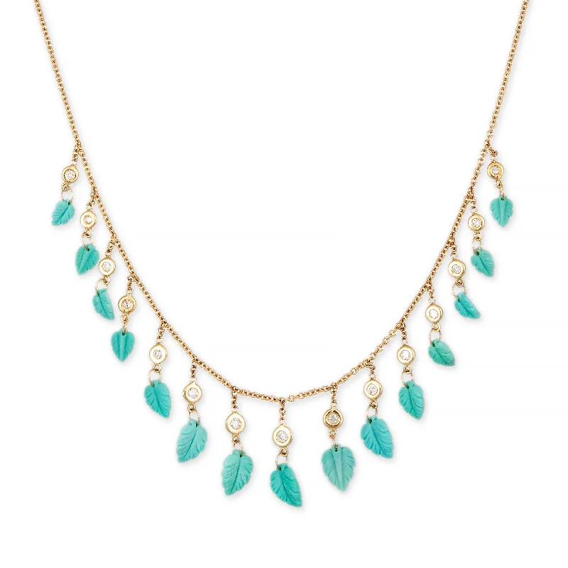 Women's celestial necklaces-15 DIAMOND TURQUOISE LEAF SHAKER NECKLACE