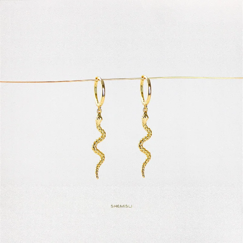 Women's dangle earrings-Serpent Dangle Hoop Earrings, Snake Huggies, Gold, Silver SHEMISLI - SH108 LR