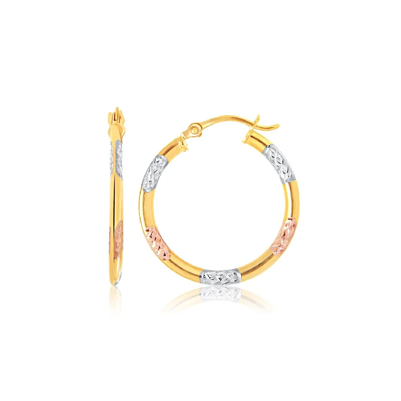 Women's stainless steel earrings-Tri-Color Hoop Earrings with Diamond Cut Accents in 14k Gold(2x15mm)