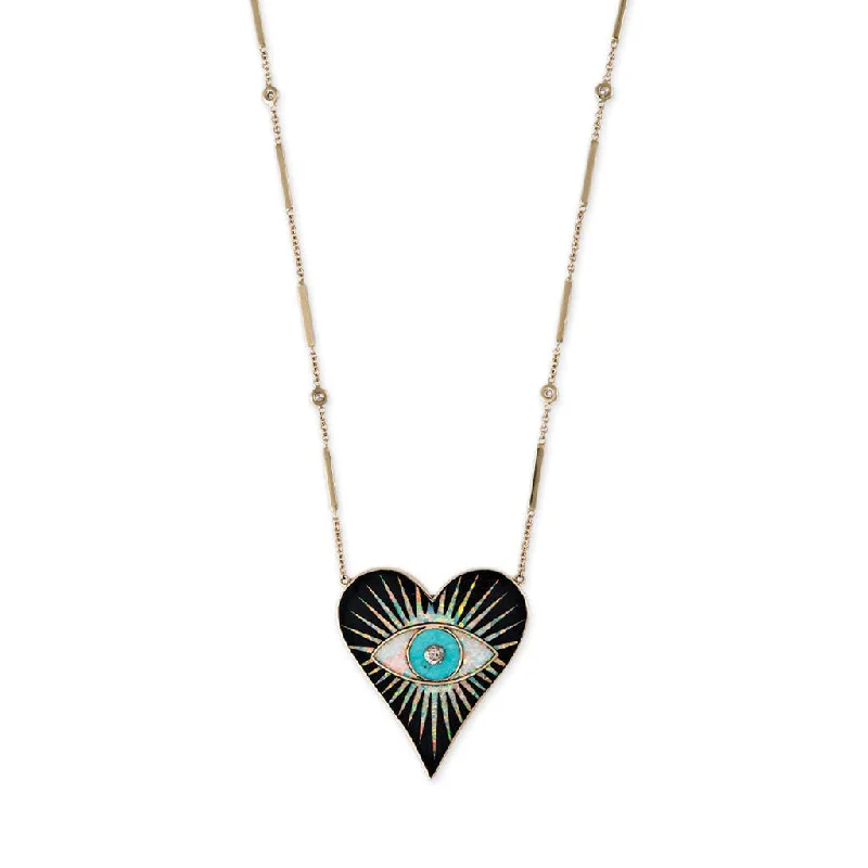 Women's modern design necklaces-LARGE ONYX OPAL TURQUOISE INLAY EYE BURST HEART NECKLACE