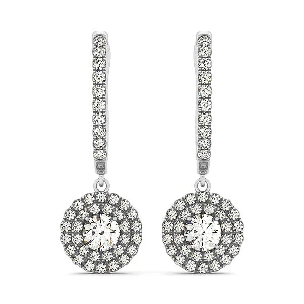 Women's fingerprint earrings-14k White Gold Double Halo Round Diamond Drop Earrings (1 cttw)