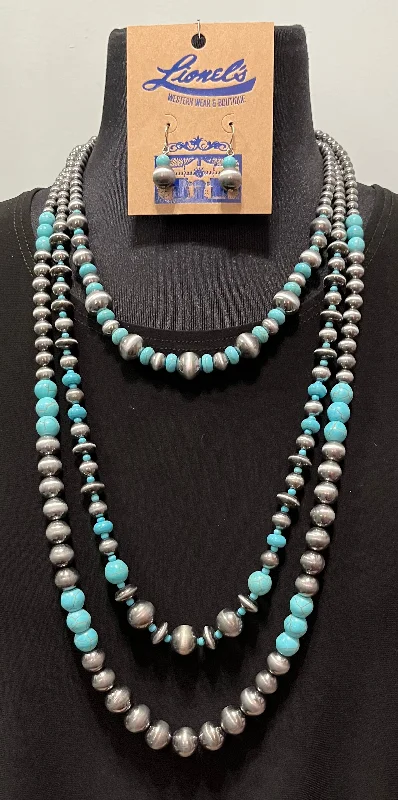 Women's symbolic necklaces-Triple Strand 32" Turquoise/Navajo Pearl Necklace Set