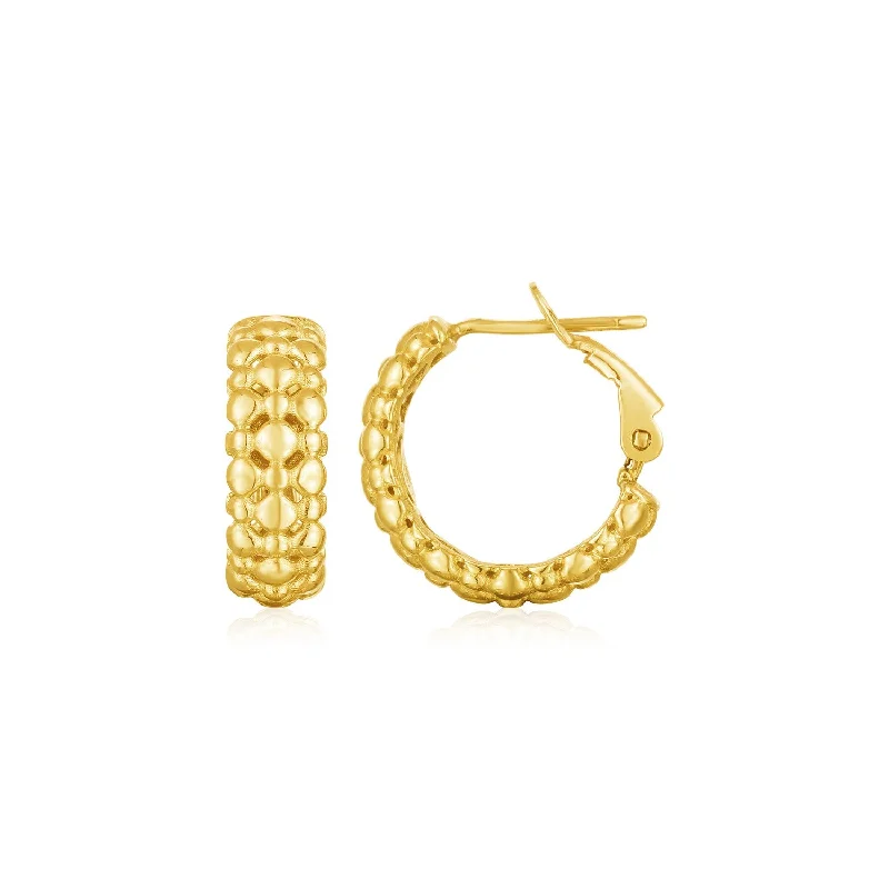 Women's Christmas earrings-14k Yellow Gold Beaded Puffed Textured Hoop Earrings