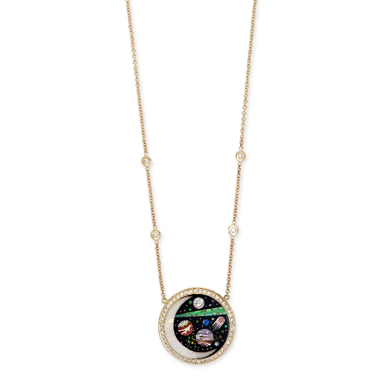 Women's modern design necklaces-SMALL PAVE ROUND ONYX + OPAL CRESCENT GALAXY PLANET INLAY NECKLACE